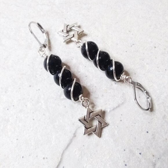 Black Six Pointed Star Earrings! Star of David! Hexagram! Goth! Wicca! Pagan! - Picture 2 of 6